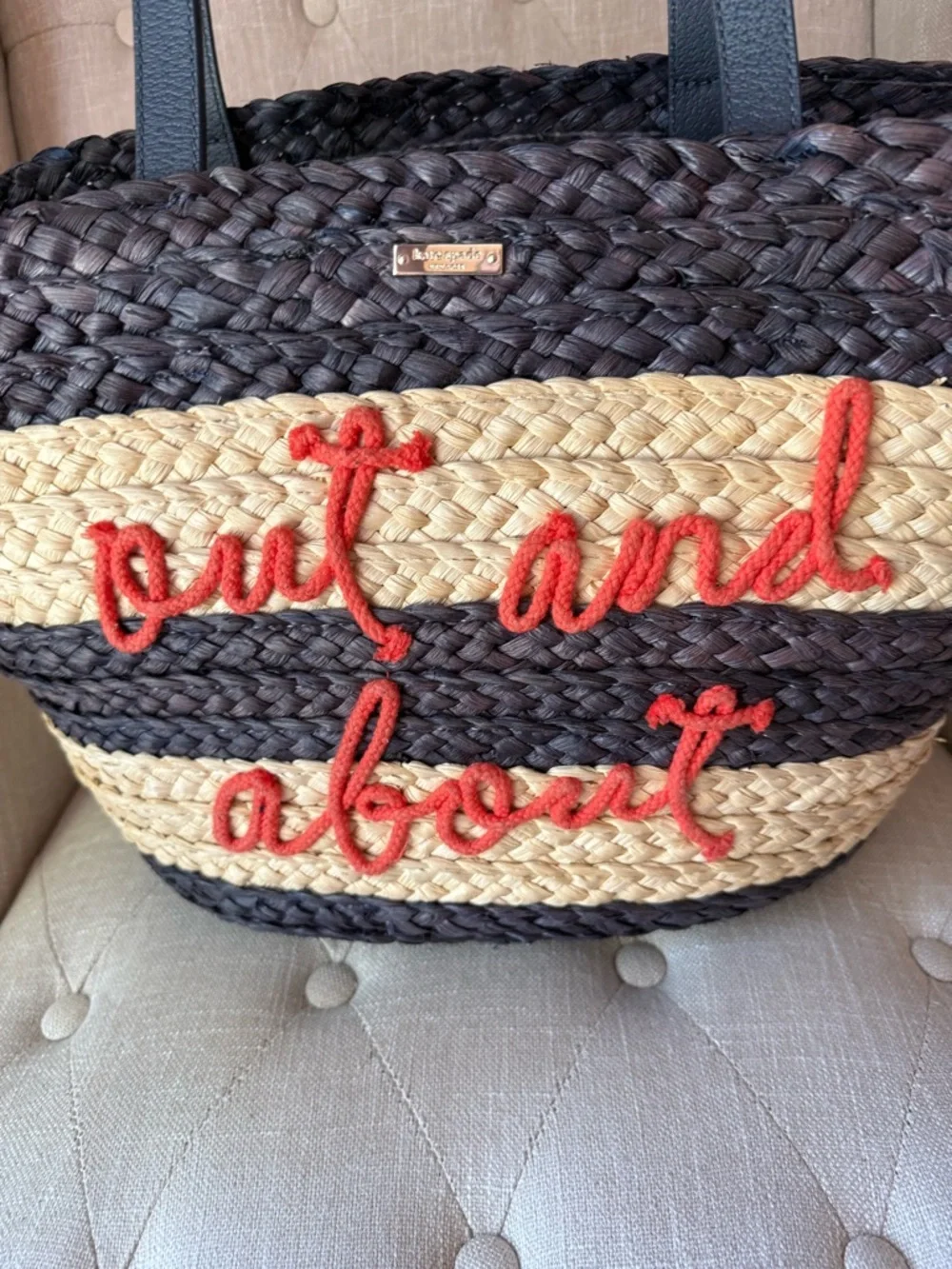 Kate Spade Shore Thing Out and About Straw Tote Beach Bag Striped
